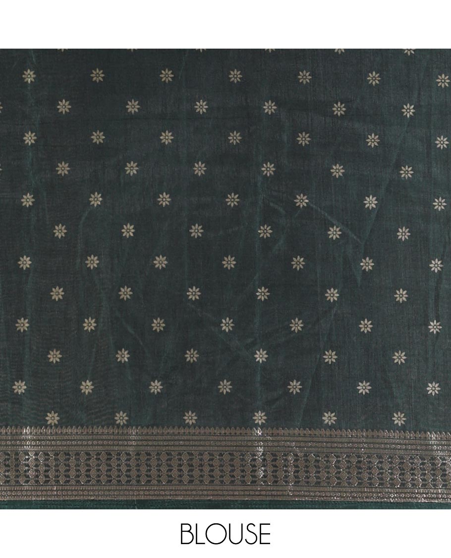 Green Dola Silk Saree, Subtly Sparkled with Chevron Stripes on Its Body, Highlighted by Traditional Zari Design Border, Intricately Designed Pallu, and Paired with a Matching Blouse