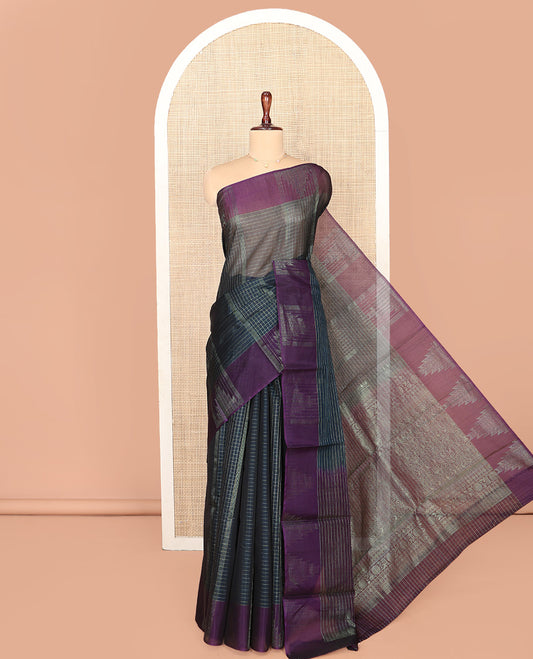 Blue Silk Cotton Saree, Accentuated with Checks On Its Body, Complemented by Contrast Temple Border, Intricately Designed Pallu and Paired with a Contrast Blouse