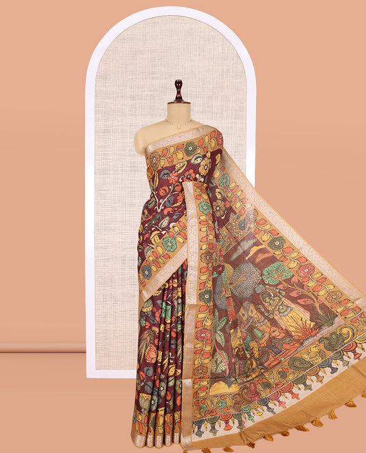 Maroon Kalamkari Printed Fancy Tussar Saree