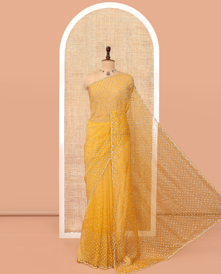 Mustard Organza Glass Tissue Designer Saree With Stonework, a Scallop Border, and a Matching Blouse