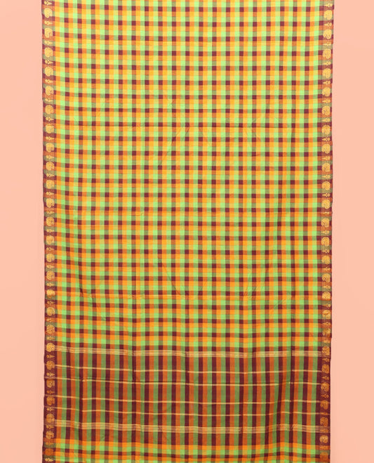 Multi-Color Palum Pazhamum Checked Nine-Yard Cotton Saree, Highlighted by a Paisley Design Border, Subtle Pallu of Stripes, and Comes Without a Blouse