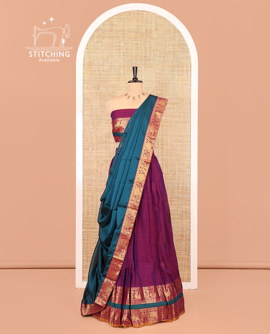 Purple Mercerised Cotton Half-Saree Features a Plain Skirt, a Contrast Peacock-Floral Creeper Border, a Matching Blouse, and a Contrast Dhavani