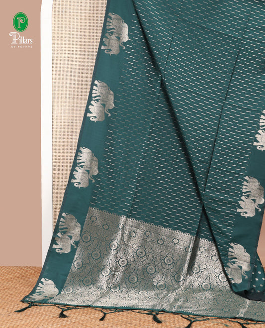 Dark green malai small butta design soft silk saree with elephan zari border rich pallu along with butta design blouse