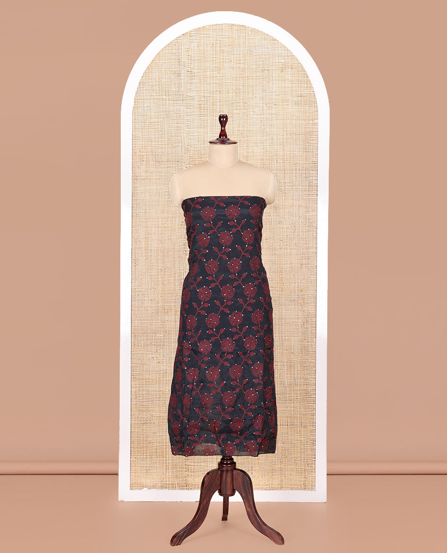 Black Mul Chanderi Material Churidar Features Floral Vine Embroidery Top, a Plain Bottom, and a Embroidered Dupatta