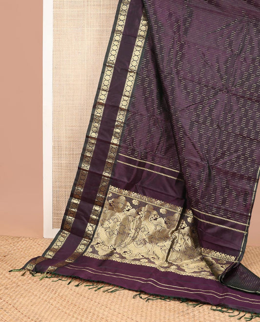 Violet geometric design kancheepuram silk saree with contrast rettai pettu border of rekku, banaras, poo chakram design & zari design pallu