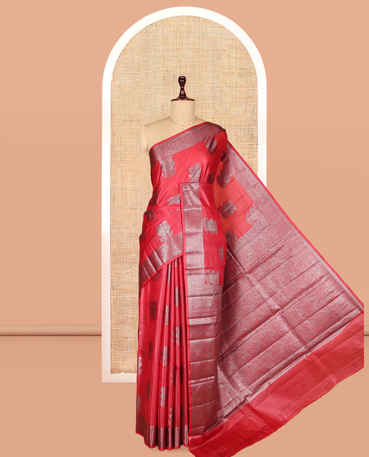 Red Tusser Silk Saree, Elevated with Zari Buttas, a Zari Border, Grand Pallu, and a Matching Blouse