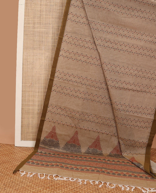 Light brown geometric design coimbatore cotton saree with contrast border & floral design pallu