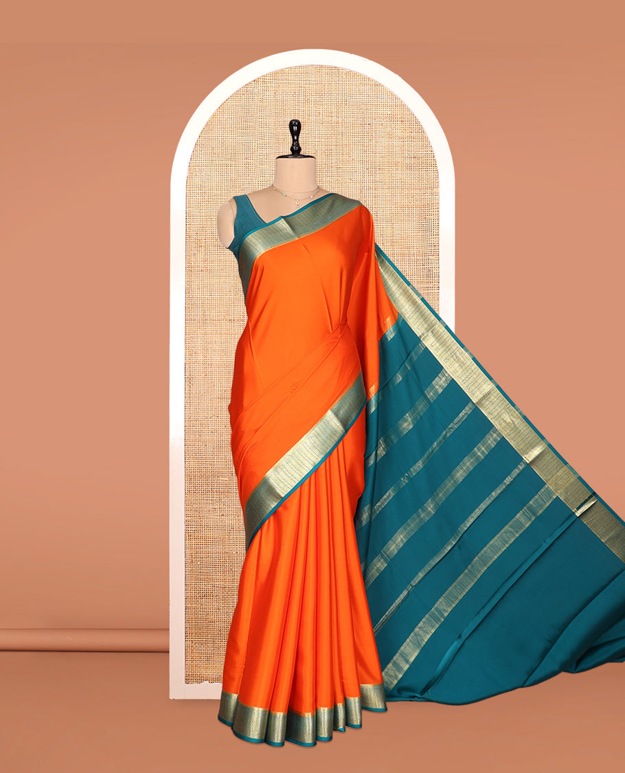 Orange Plain Mysore Silk Saree, Complemented by a Contrast Traditional Zari Border, Zari Design Pallu, and a Contrast Blouse