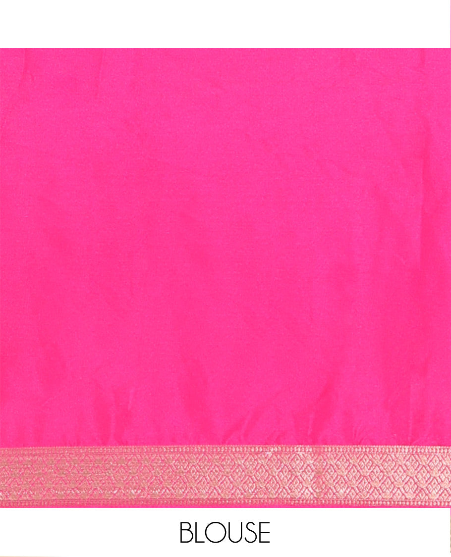Wine and Rani Pink Half-And-Half Style Art Crepe Saree Artfully Detailed with Plain and Jacquard Design, Complemented by a Contrast Border of Traditional Zari Designs, Pallu Featuring Zari Stripes, and Paired with a Matching Blouse
