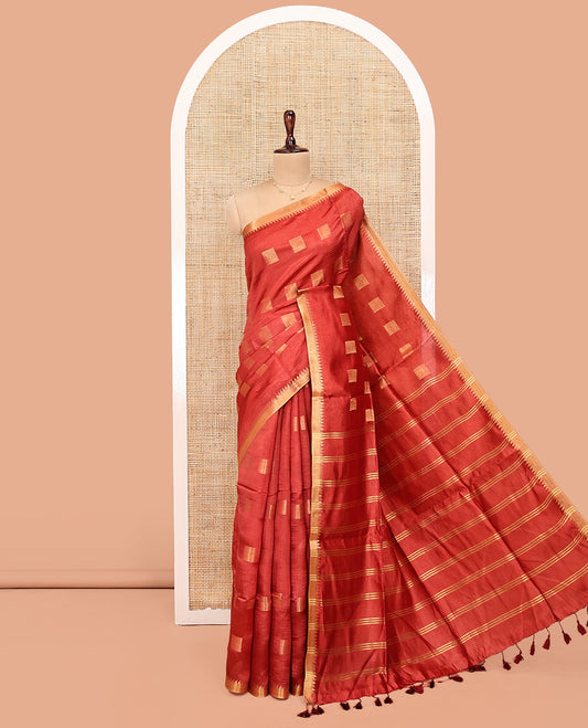 Red Banana Pith Saree, Adorned with Square Buttas All Over Its Body, Highlighted by a Zari Temple Border, Gleaming Zari Striped Pallu, and Paired with a Matching Blouse