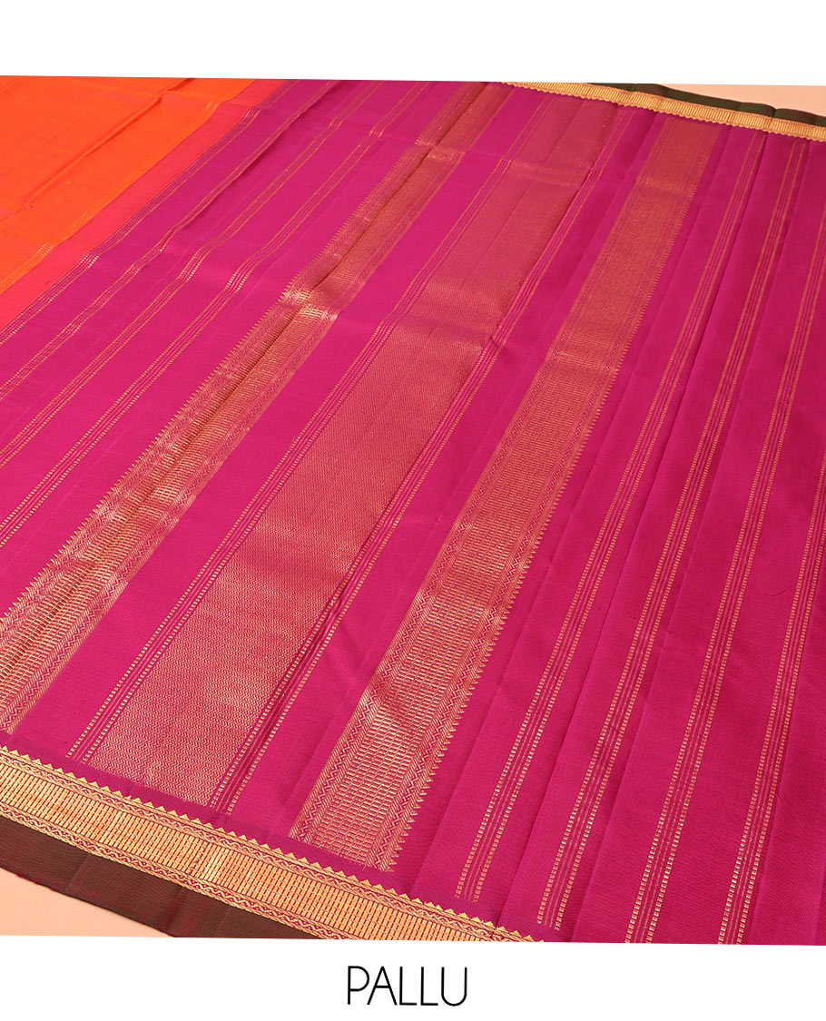 Orange Kanchipuram Silk Saree, Graced with Zari Buttas All Over Its Body, Complemented by Contrast Border of Rekku, Banaras, Neli, and Geometric Designs, Pallu of Traditional Designs, and Paired with a Contrast Blouse
