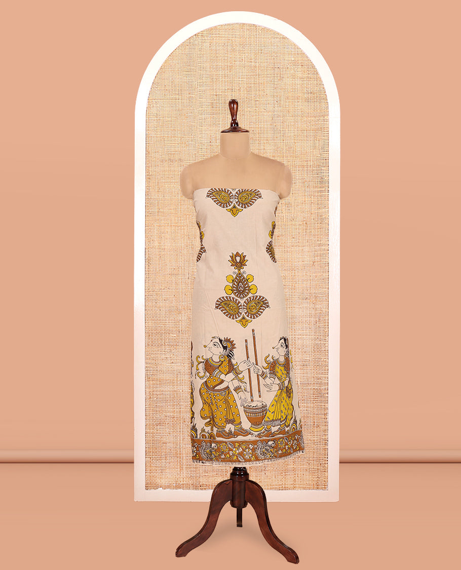 Chikku-Mustard Cotton Material Chudidar, Kalamkari Print Skirt, Contrast Bottom, Kalamkari Print Dhavani