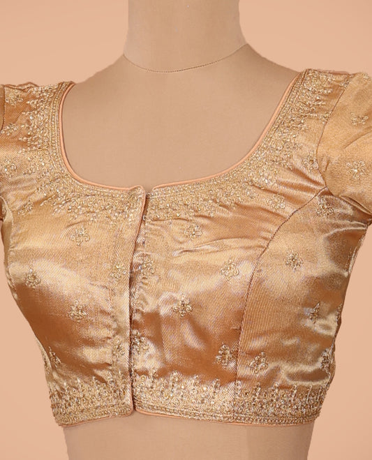 Light gold thread embroidered front-back round neck elbow sleeve blouse