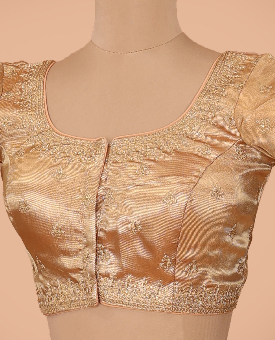 Light gold thread embroidered front-back round neck elbow sleeve blouse