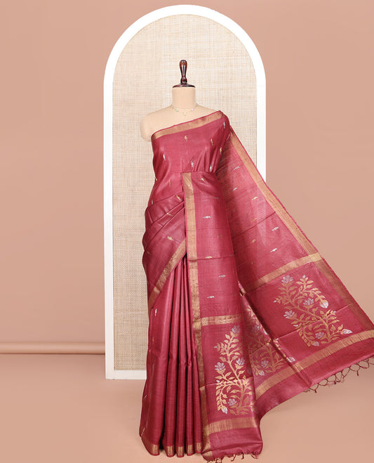 Red Tussar Silk Saree, Embellished with Paisley Buttas All Over Its Body, Subtly Piping Border, Pallu Woven with Floral Designs, and Paired with a Matching Blouse
