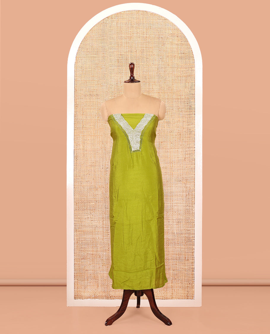Parrot Green Vichitra Silk Material Chudidar Features a V-Neck Thread-Sequined Top, a Plain Bottom, Matching Thread-Sequined Dupatta