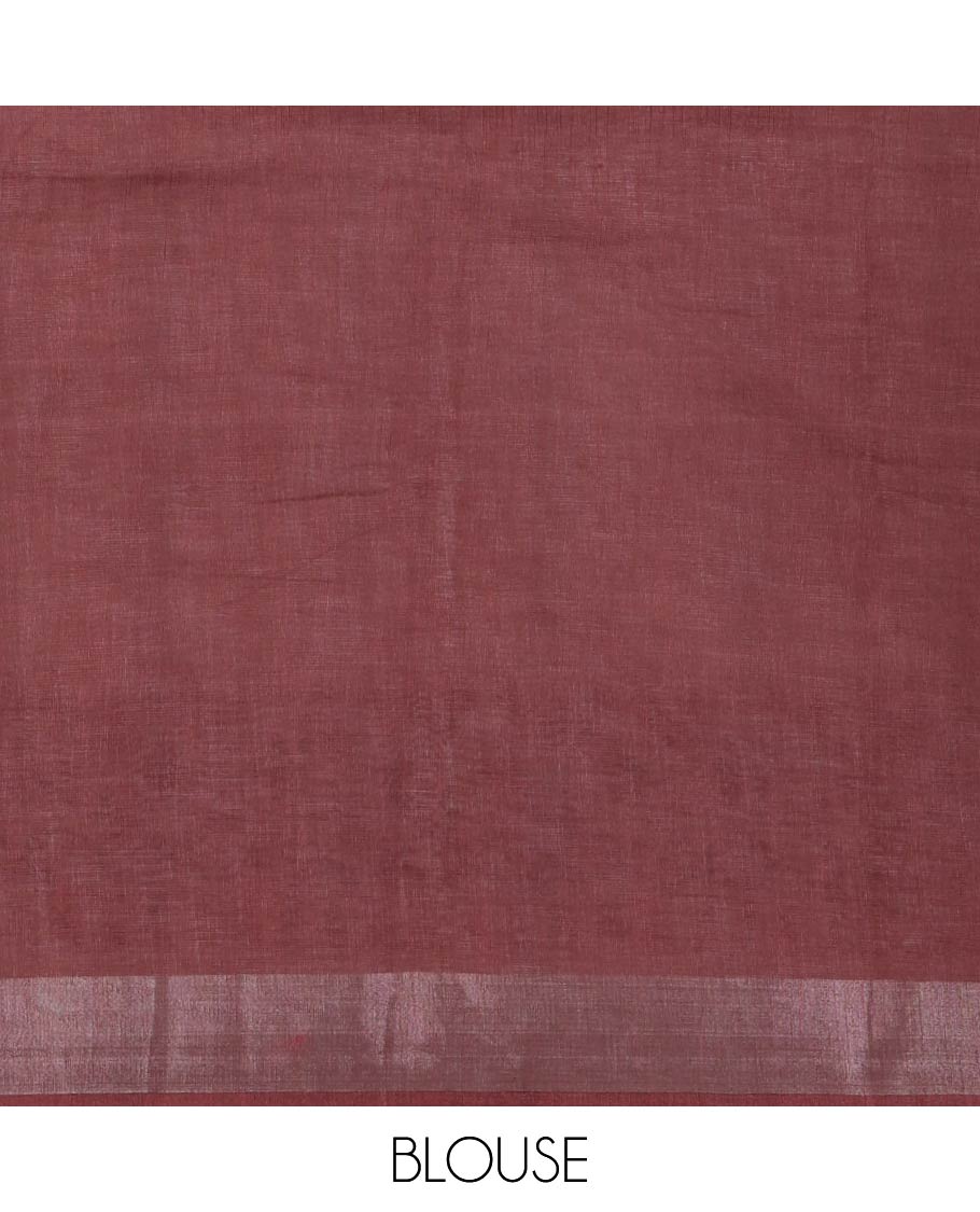 White Linen Saree, Decorated with Buttas and Geometric Print on Its Body, Highlighted by Zari Bavanji Border, Pallu of Same Geometric Print, and Paired with a Contrast Blouse