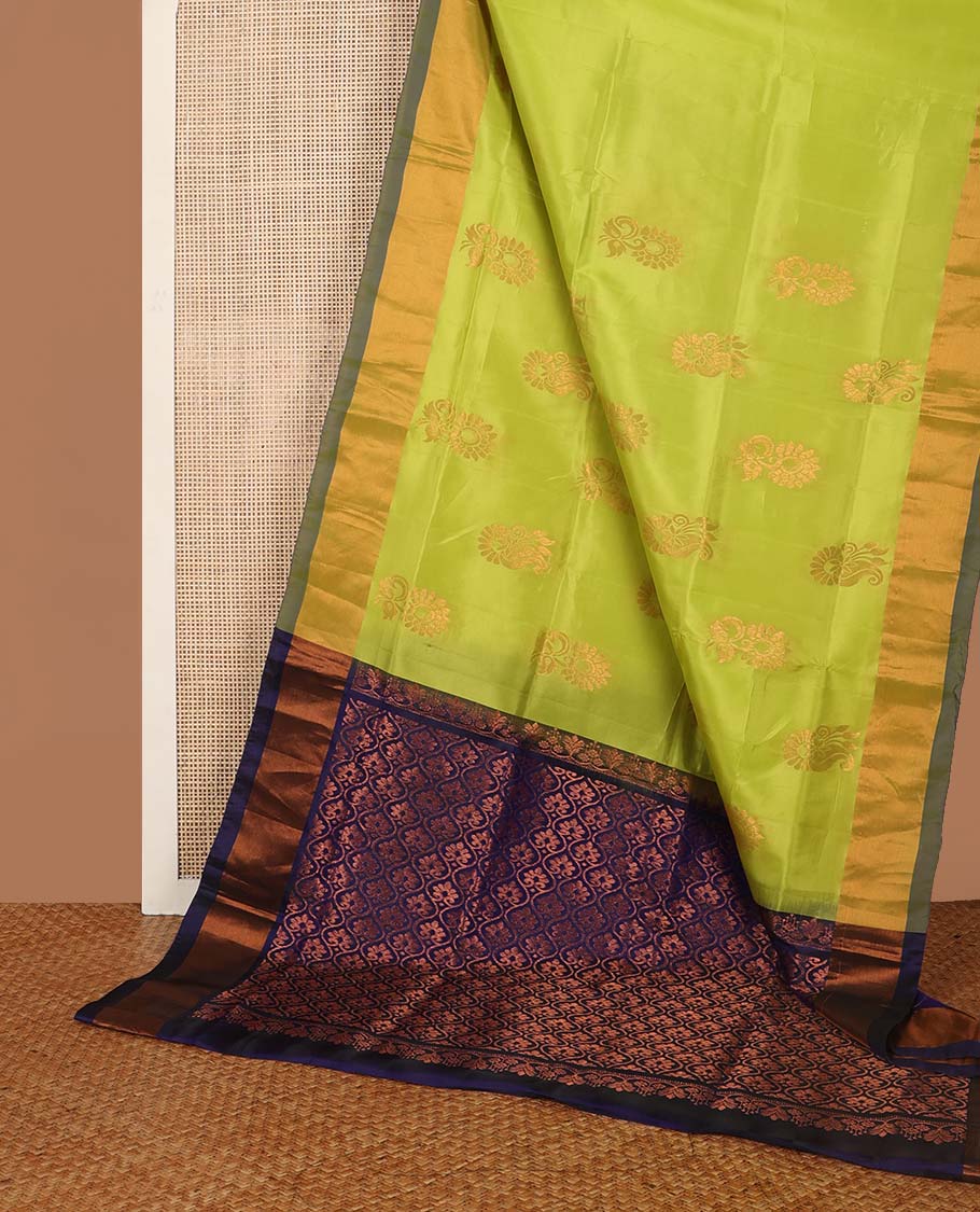 light green floral motifs uppada saree with contrast zari border & ogee design pallu