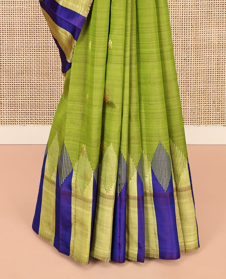 Green Kanchipuram Silk Saree, Woven with Zari Buttas, Complemented by a Contrast One-Sided Temple Border, Zari Design Pallu, and No Blouse