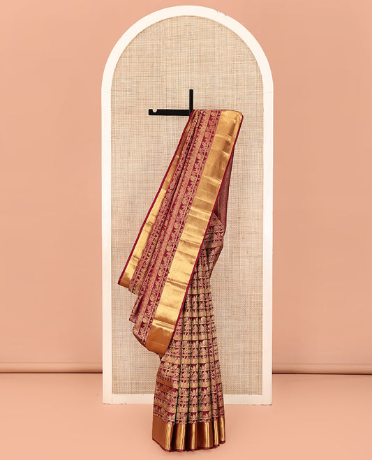 Maroon Kanchipuram Wedding Silk Saree, Artfully Woven with Warli Village Theme Motifs in Jacquard Weave, Highlighted by Thick Zari Border, Grand Jaal Pallu and Paired with a Matching Blouse