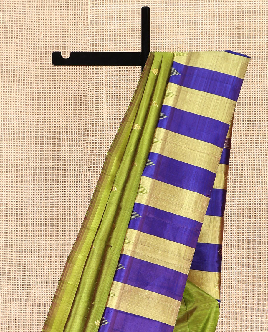 Green Kanchipuram Silk Saree, Woven with Zari Buttas, Complemented by a Contrast One-Sided Temple Border, Zari Design Pallu, and No Blouse