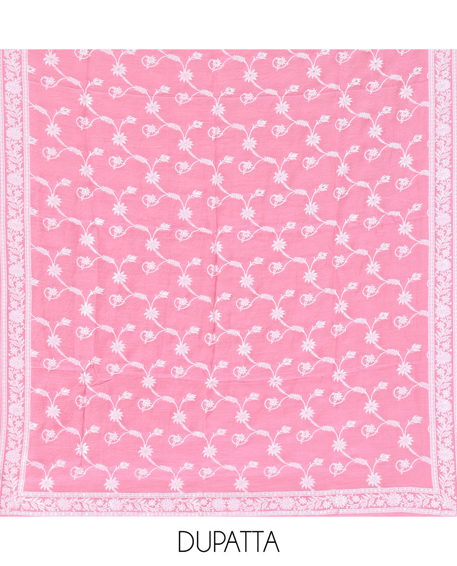 Peach Viscose Muslin Material Churidar Features Buttas Thread Woven Top, a Santoon Bottom, and Floral Jaal Dupatta