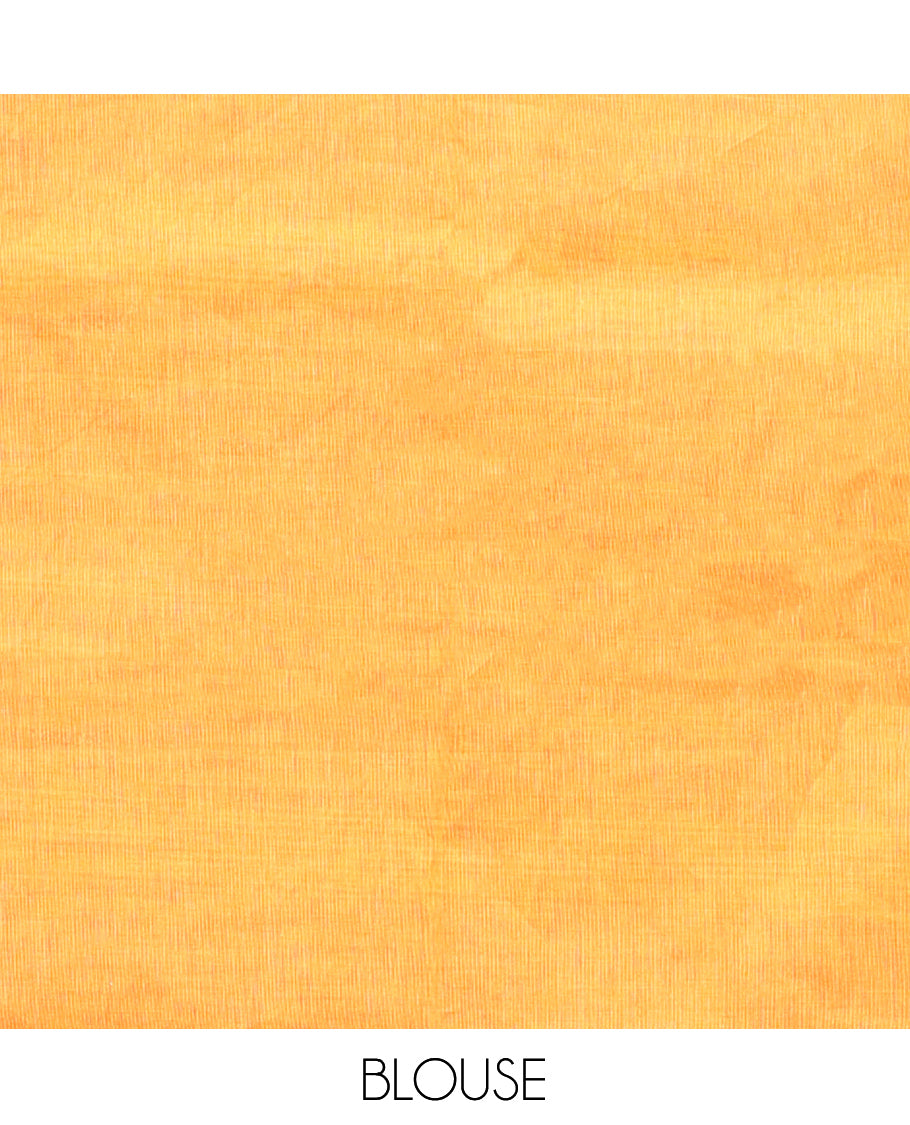 Yellow Chettinad Cotton Saree, Decked Up with Thread Buttas All Over Its Body, Complemented by a Contrast Ganga-Jamuna Kal Eragina Border of Kodi Peacock and Elephant Designs, Pallu of Buttas and Stripes, and Paired with a Matching Blouse