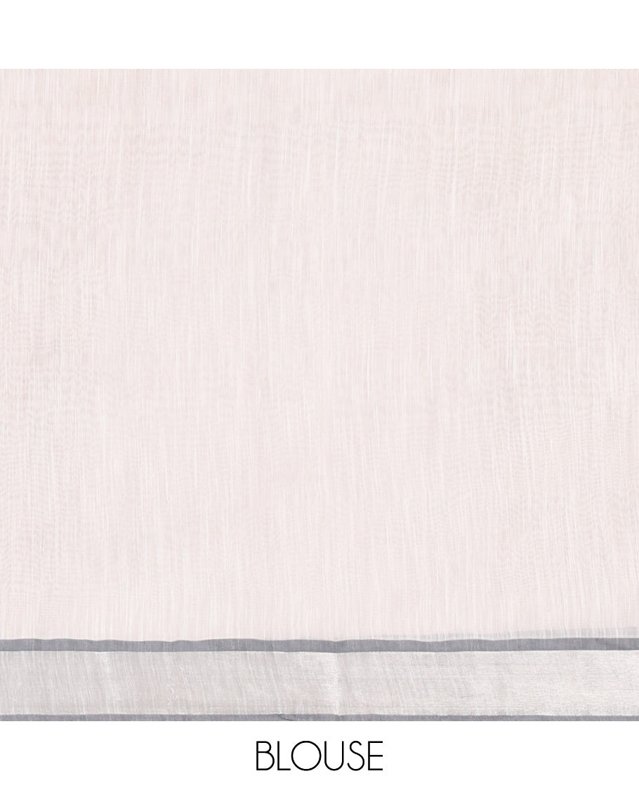 White-grey floral motifs printed Linen cotton saree, contrast Sliver zari bavanji border, floral print pallu & plain blouse