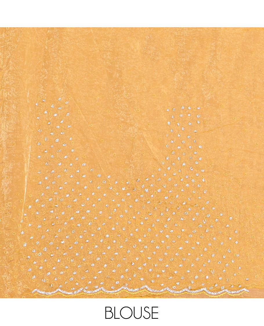 Mustard Organza Glass Tissue Designer Saree With Stonework, a Scallop Border, and a Matching Blouse