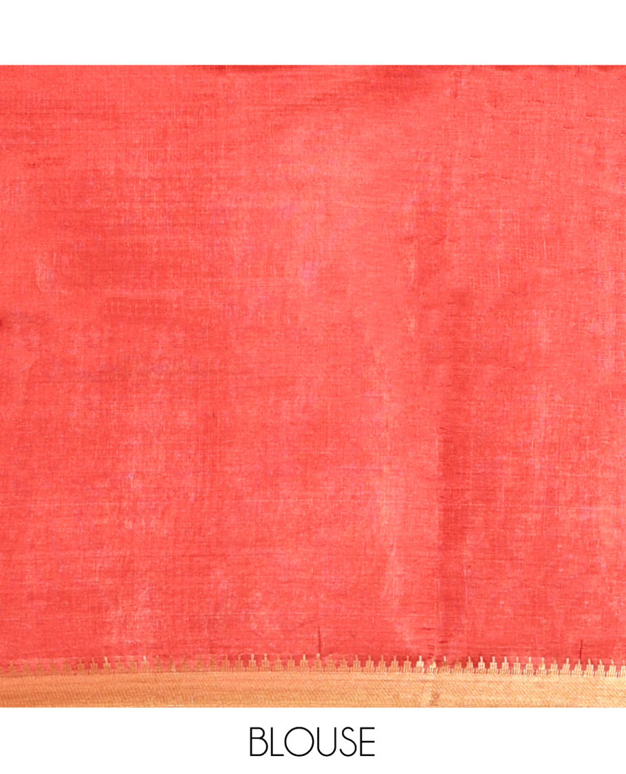 Red Banana Pith Saree, Adorned with Square Buttas All Over Its Body, Highlighted by a Zari Temple Border, Gleaming Zari Striped Pallu, and Paired with a Matching Blouse