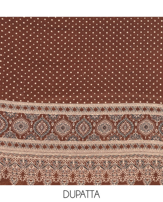 Coffee Brown Georgette Material Churidar Set, Polka Dot and Ajrakh Neck Work Top, a Matching Bottom, and Ajrakh Printed Dupatta