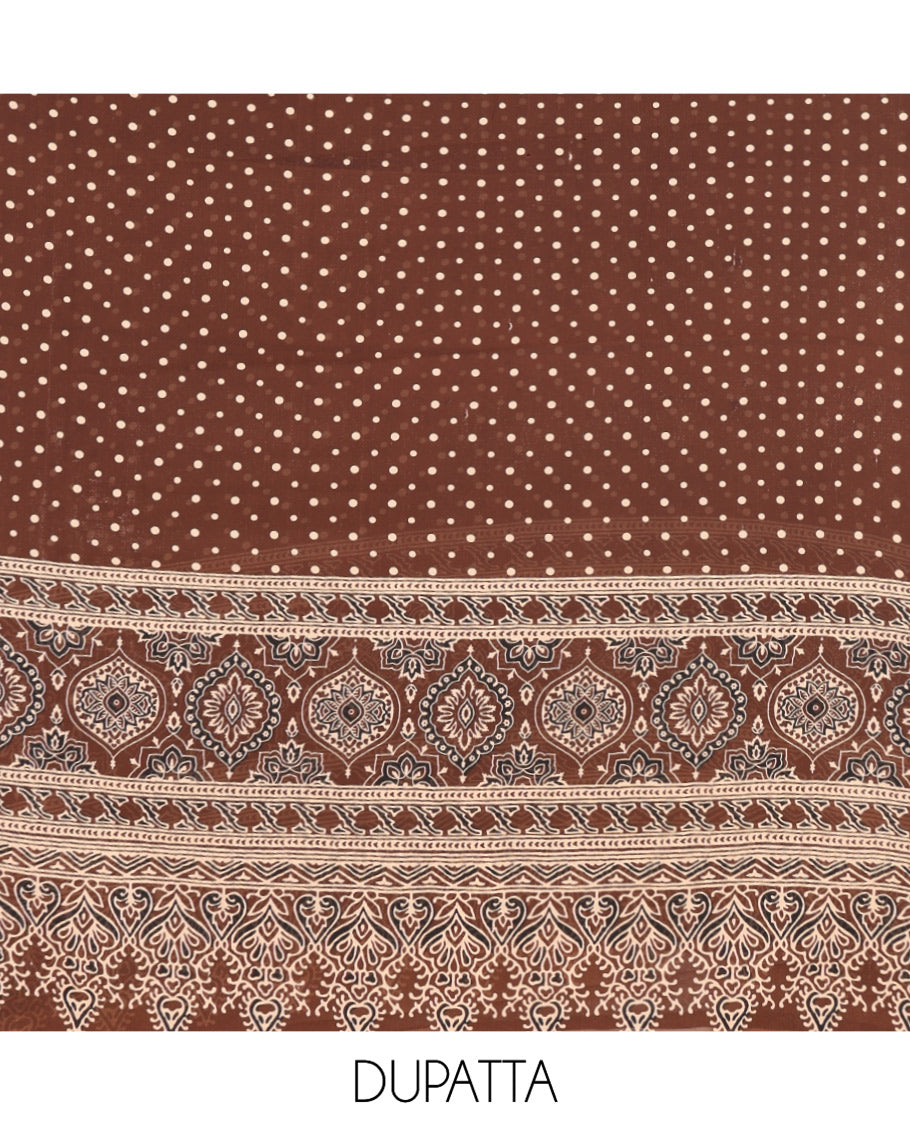Coffee Brown Georgette Material Churidar Set, Polka Dot and Ajrakh Neck Work Top, a Matching Bottom, and Ajrakh Printed Dupatta