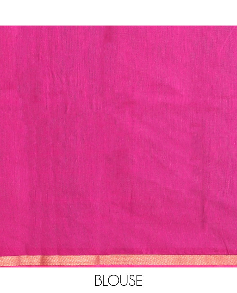 Blue Semi-Silk Cotton Saree, Enthralled with Zari Buttas All Over Its Body, a Subtle Zari Piping Border, Complemented by Contrast Pallu of Zari Butta Enclosed Checked Design, and Paired with a Contrast Blouse