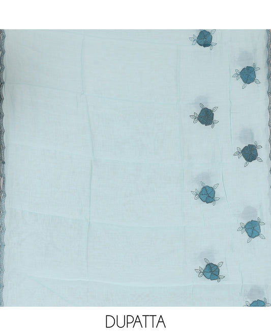 Dusky Blue Mul Chanderi Material Chudiddar, Floral Embroidered Top, Plain Bottom, Scallop Embroidered Dupatta