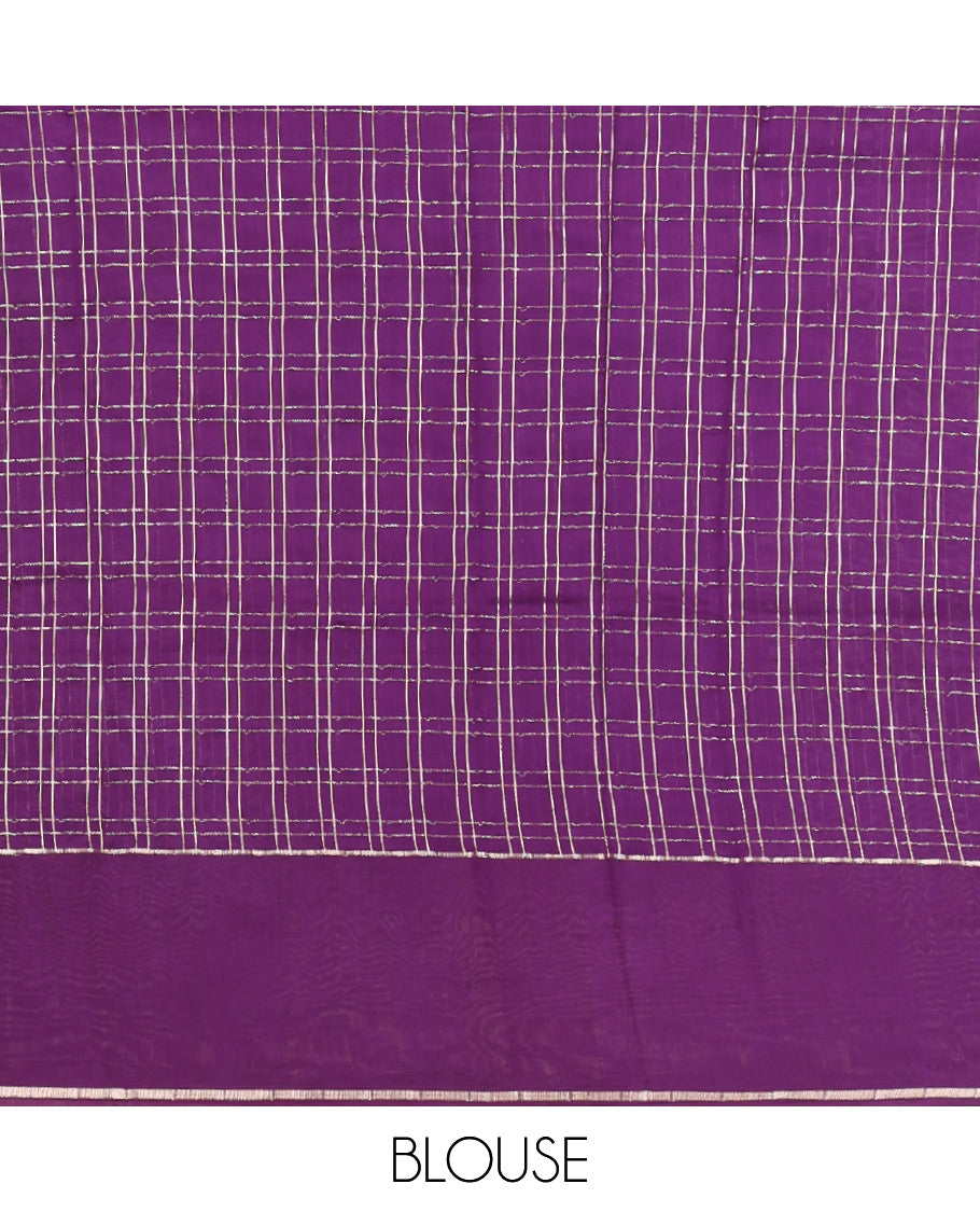 Lavender Assam Silk Saree, Showcasing Zari Checks, Complemented by Contrast Zari Border,  Zari Woven Pallu, and Contrast Blouse