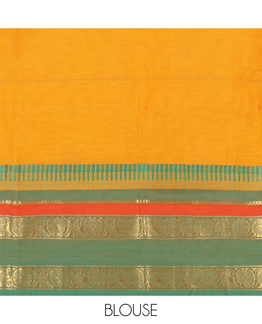 Yellow Chettinad Cotton Saree, Crafted with Thread Buttas All Over Its Body, Complemented by a Contrast Traditional Zari Design Rettai Pettu Border, Pallu of Stripes and Buttas, and Paired with a Matching Blouse