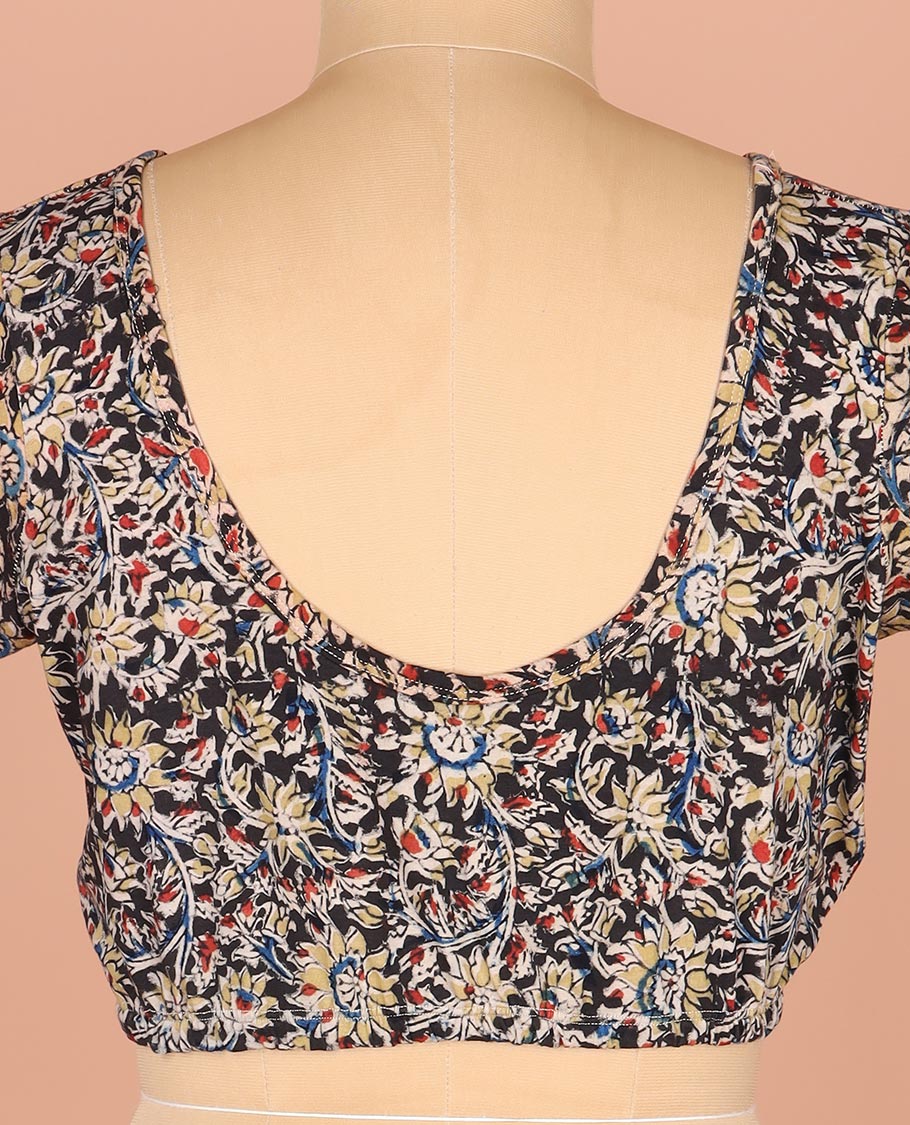 Black Readymade Blouse Accentuated with Floral Vine Prints, Featuring a Front Round-Neck, a Back Round Neck, and Elbow Sleeves