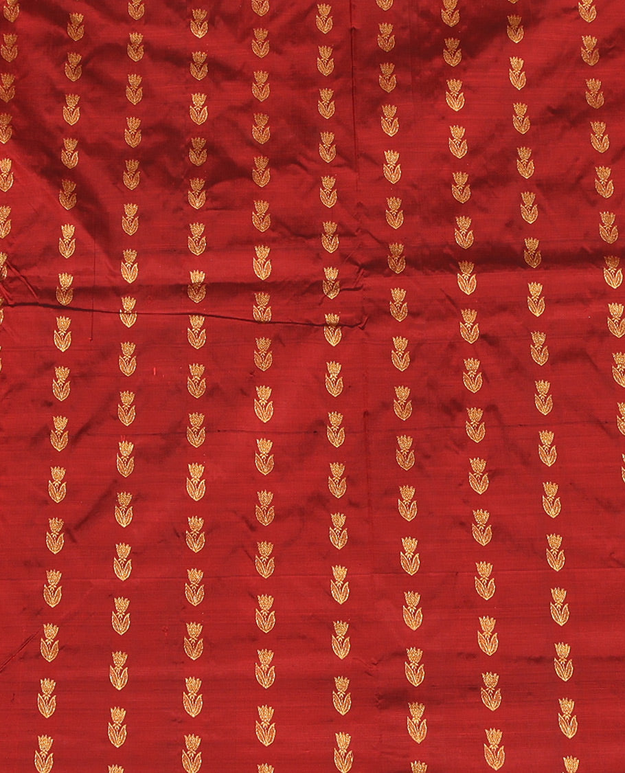 Maroon Pure Silk Half-Saree, Delicately Woven with Zari Buttas All Over Its Skirt, Complemented by a Contrast Border of Jaal, Floral, and Paisley Designs, Paired with a Contrast Blouse, and Comes with a Jaal Design Dhavani