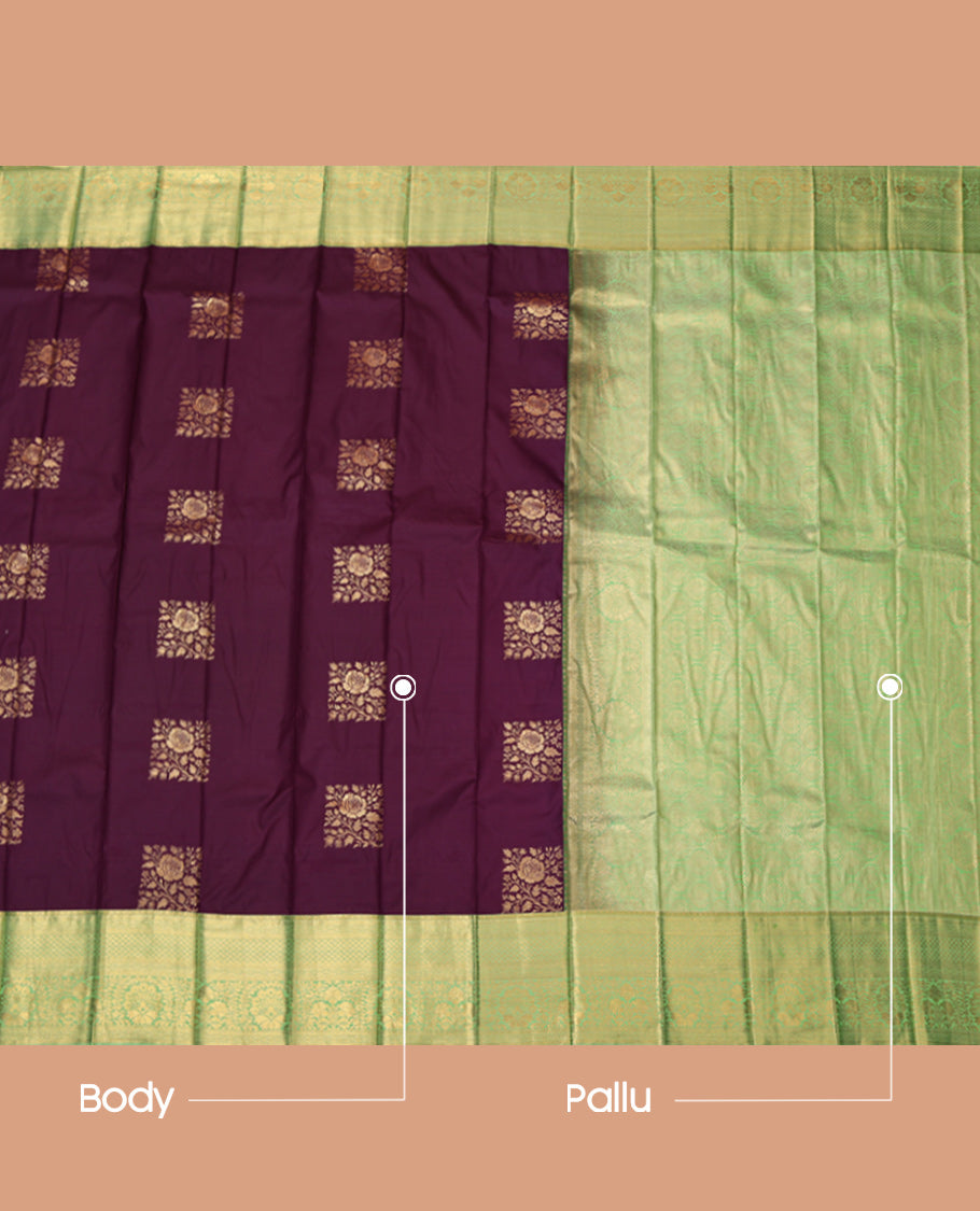 Brown Budget Silk Saree, Spotlighted with Zari Buttas, Complemented by Contrast Traditional Zari Border, Grand Pallu and a Contrast Blouse