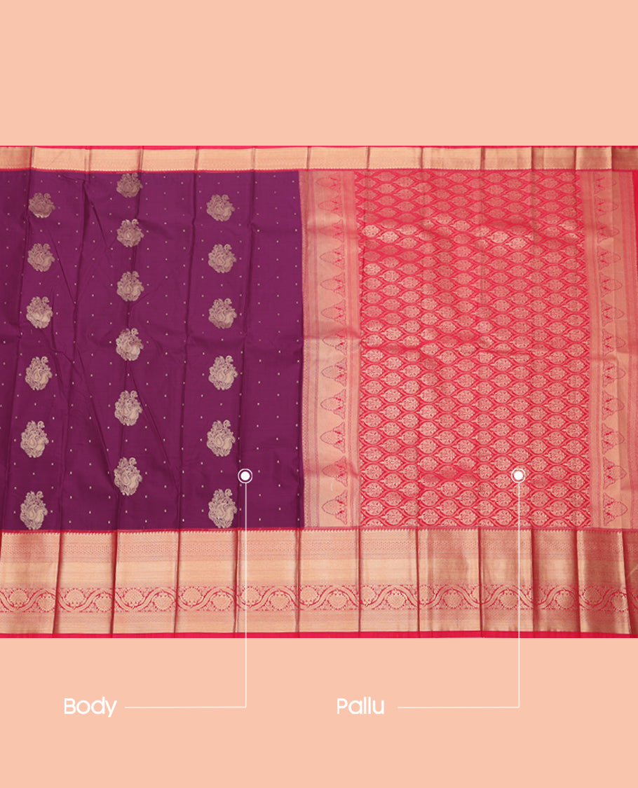 Purple Budget Silk Saree, Delicately Woven with Zari Buttas, Complemented by a Contrast Traditional Zari Design Border, Grand Pallu, and a Contrast Blouse