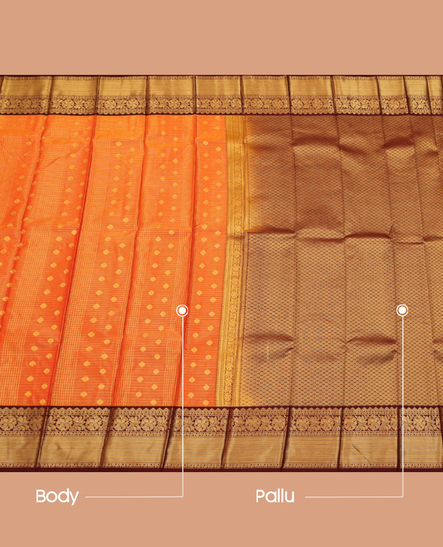 Orange Budget Silk Saree, Adorned with Zari Buttas on Its Body, Complemented by a Contrast Traditional Zari Design Border, Grand Pallu, and Paired with a Contrast Blouse