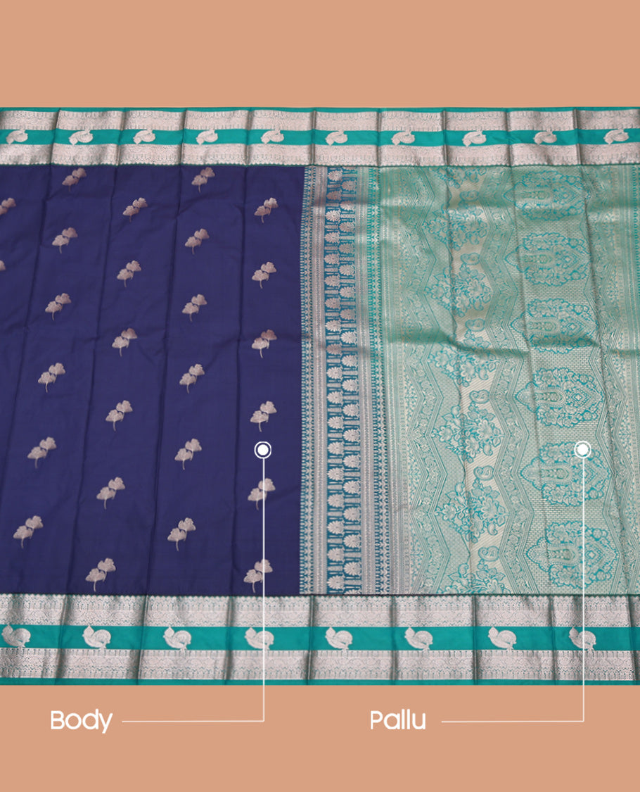 Blue Budget Silk Saree, Bedecked with Zari Buttas, Complemented by a Contrast Traditional Zari Border, Grand Pallu, and Contrast Blouse