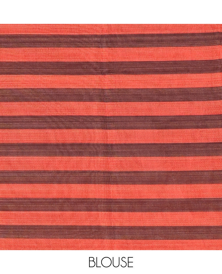 Brown horizontally striped linen cotton saree, contrast plain border, checks and striped pallu, and a horizontal striped blouse