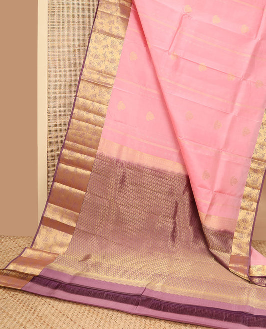 Baby pink buttas vasundhara elite silk saree with contrast floral design border & ogee design pallu