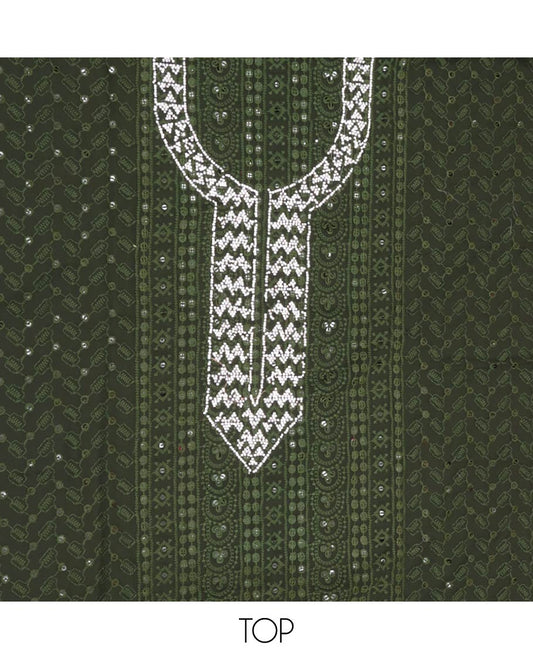 Green Material Chudidar Set, Decked Up with Chikankari-style Thread Embroidered  and Neck Stone Work Georgette Top, a Plain Santoon Bottom, and Paired with Embroidered Georgette Dupatta