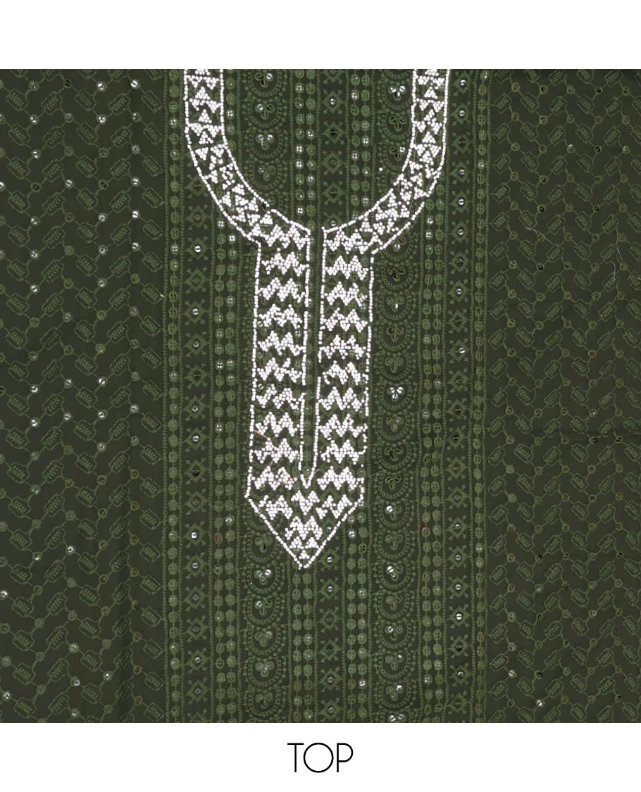 Green Material Chudidar Set, Decked Up with Chikankari-style Thread Embroidered  and Neck Stone Work Georgette Top, a Plain Santoon Bottom, and Paired with Embroidered Georgette Dupatta