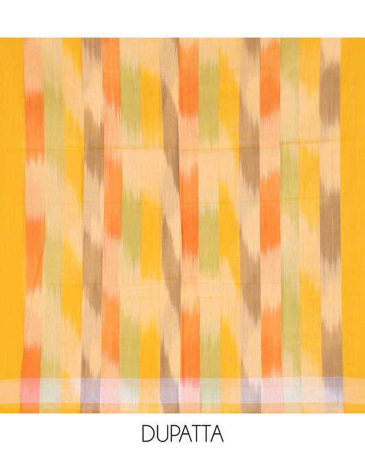 Yellow Material Chudidhar Set Featuring Delicately Ikkat Woven Handloom Cotton Top, Plain Cotton Bottom, and Handloom Cotton Ikkat Textured Dupatta