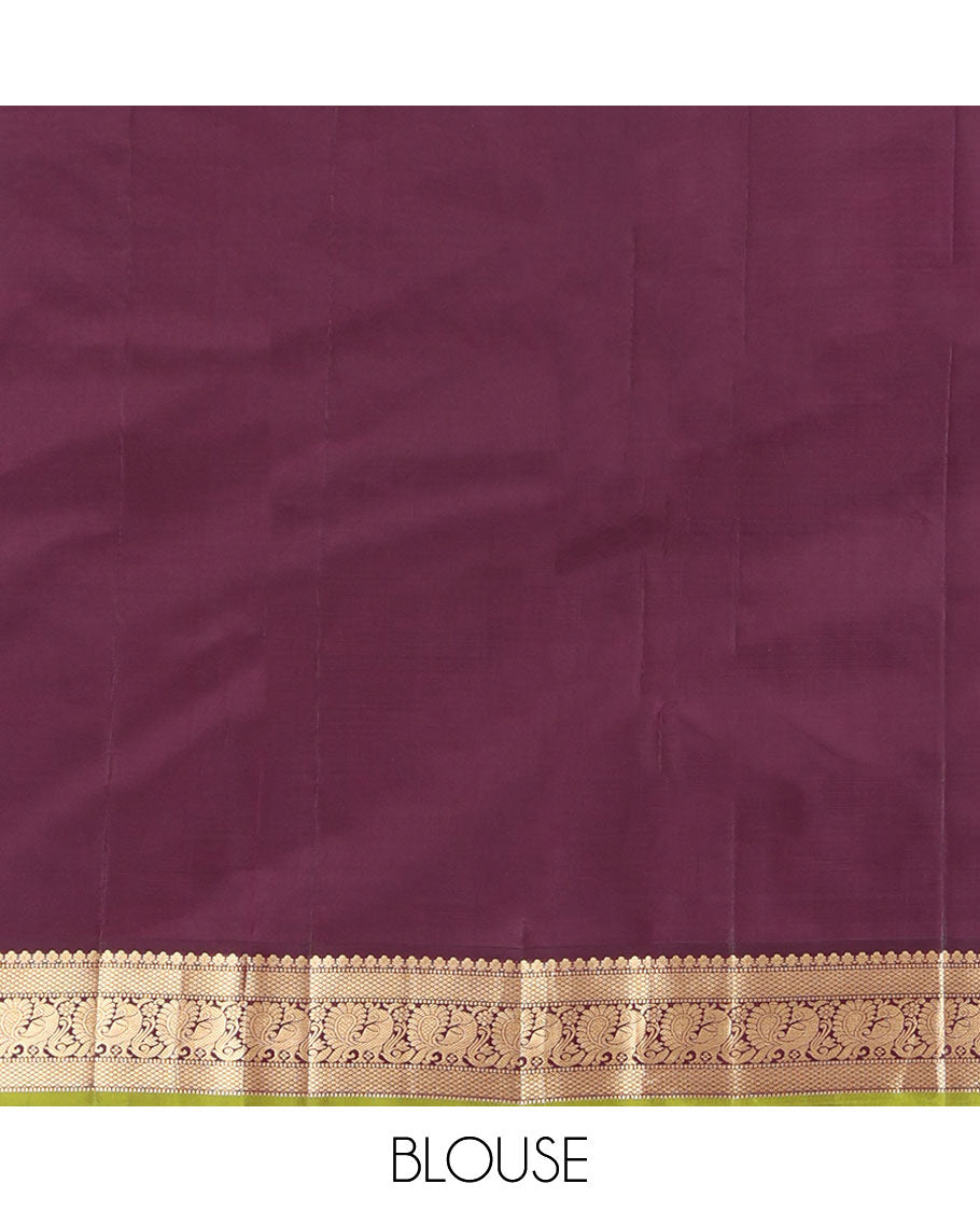 Rose Gold Pink Kanchipuram Silk Saree, Prettified with Zari Buttas All Over Its Body, Complemented by a Contrast Border of Mutthu, Mayil Kann, and Mayil Designs, Grandly Jaal Design Decked Up Pallu, and Paired with a Contrast Blouse