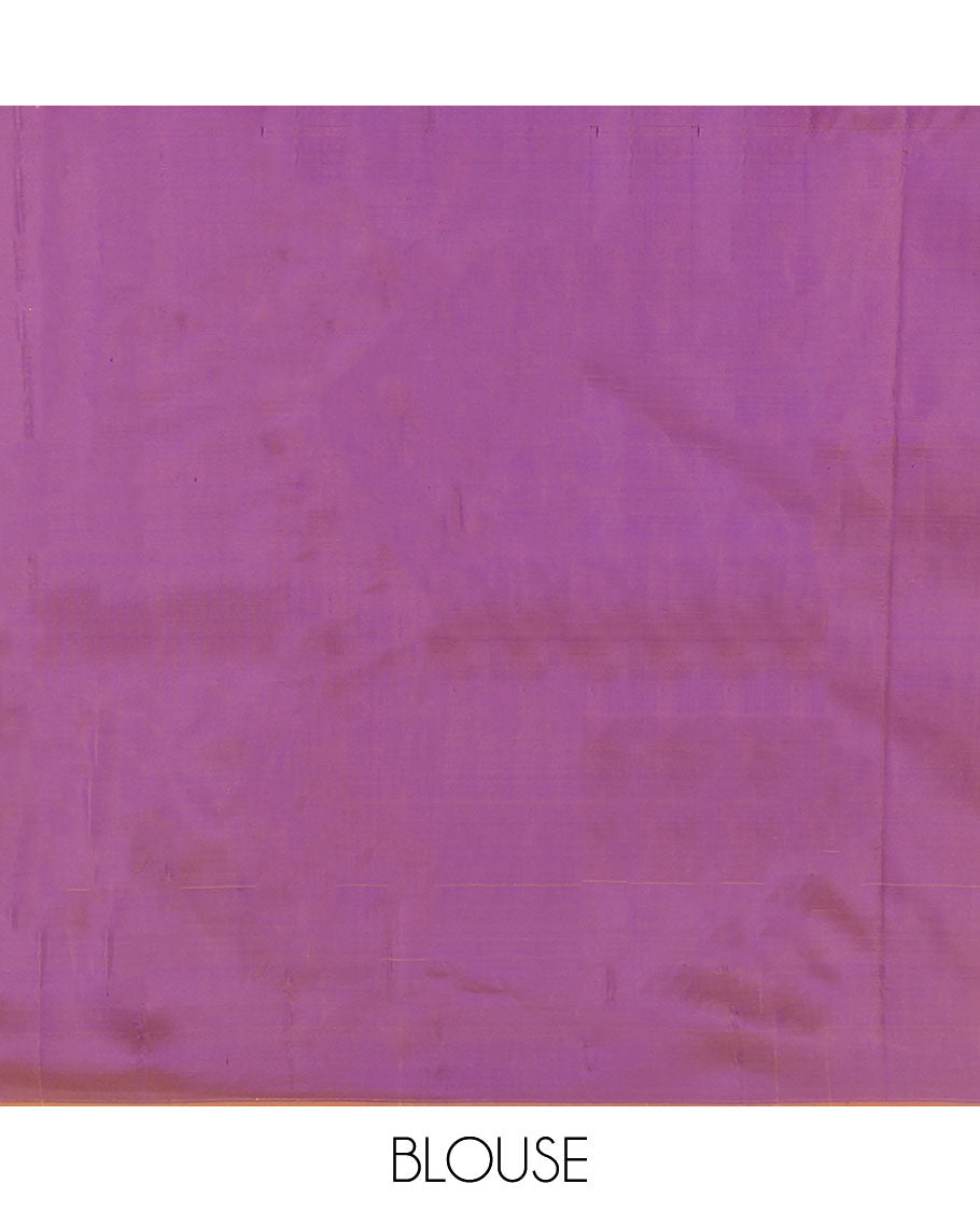 Purple Kanchipuram Silk Saree, Woven with Zari Buttas, Complemented by a Contrast Zari Border, Pallu of Zari Design, and Contrast Blouse
