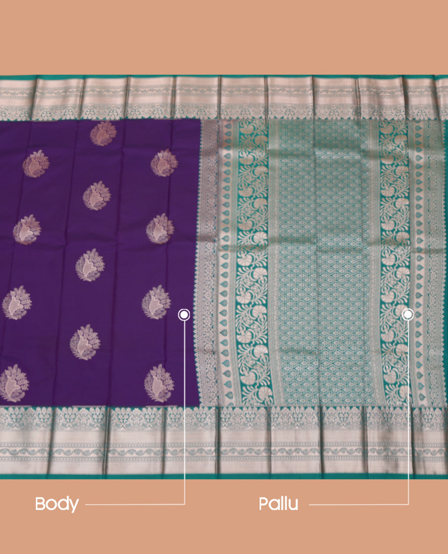Violet Budget Silk Saree, Enriched with Zari Buttas, a Contrast Traditional Border, Grand Pallu, and a Contrast Blouse